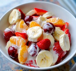 Bowl with sliced banana, strawberry, cherry and orange slices mixed with yogurt
