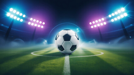 Naklejka premium Soccer Ball Spotlight Awaits on a Vibrant Green Field Under the Stadium Lights Ready for an Intense Game