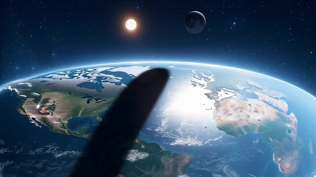 Flat Earth Model Depicting Continents Sun and Moon in Deep Space