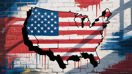 United States Map Flag on Brick Wall Graffiti Style Patriotic Art Visual Statement Modern Decor