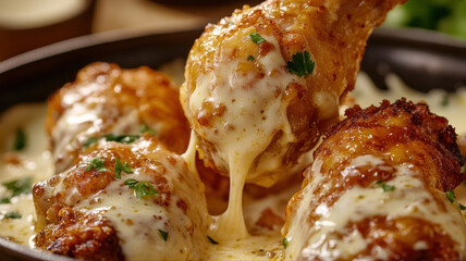 Creamy Chicken Wings with Cheese Sauce and Herbs Close-Up