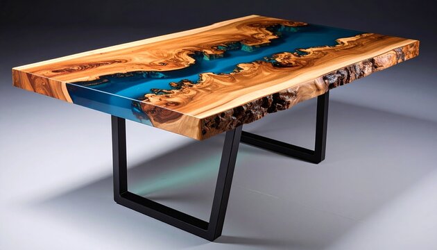 Burl elm side table crystalline epoxy fills voids floating appearance acrylic rod supports transparent contemporary design