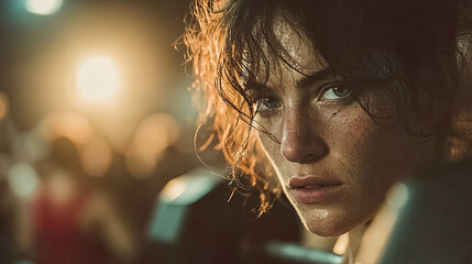 Close-up of athletic woman with sweaty face and intense gaze illuminated by soft light Generated with AI