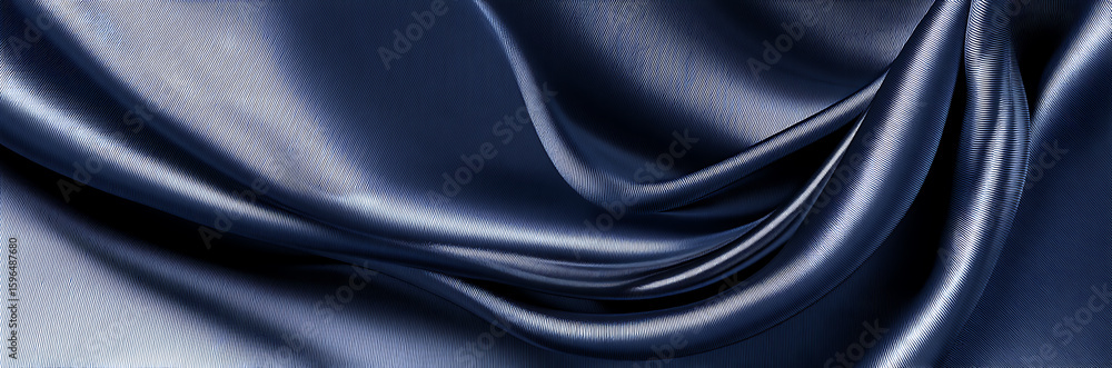 Poster close-up of draped dark blue satin fabric with subtle textures and highlights creating soft folds, s