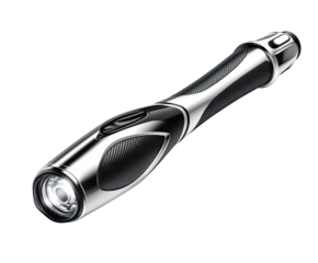 Sleek chrome and black flashlight casts a bright beam, showcasing modern design and utility, on transparent background
