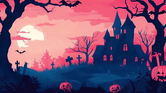 Spooky Halloween Night with Haunted House, Bats, Pumpkins, and Graveyard Under Full Moon