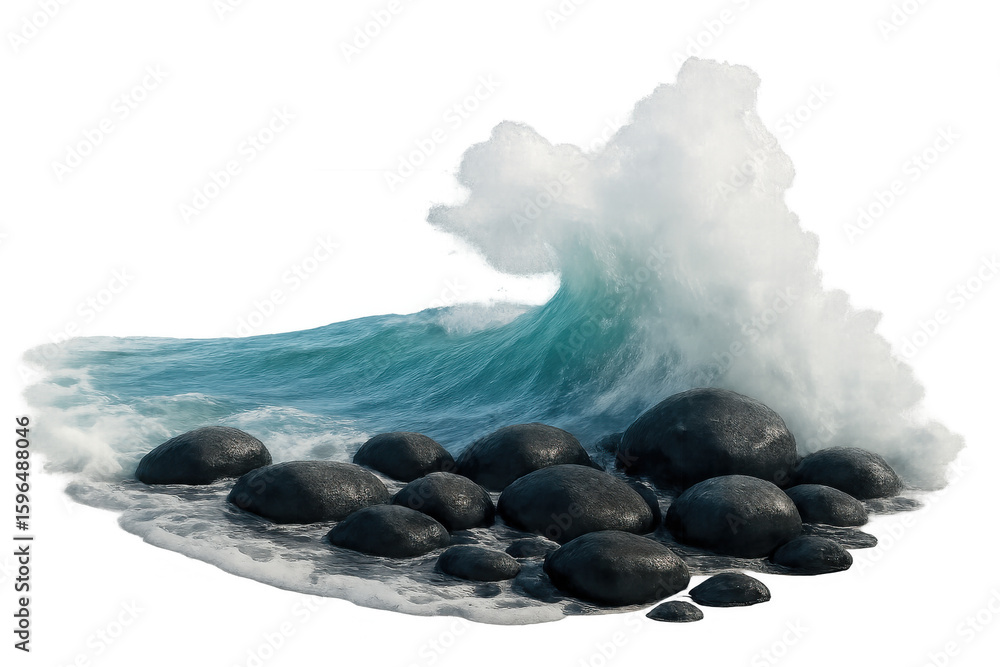 Poster powerful ocean wave crashing on dark rocks with a transparent background, perfect for compositing an