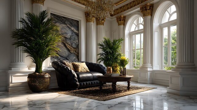 A luxurious living room with marble floors, gold-accented d?(C)cor, and a crystal chandelier above.