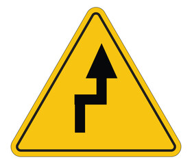 Warning Sign of Zigzag Road Ahead with Bold Arrow and Yellow Background