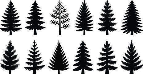 Collection of stylized evergreen trees in silhouette