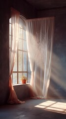 Delicate sheer curtain with a spider web design lit by warm morning sun, casting shadows in a moody, rustic interior.
