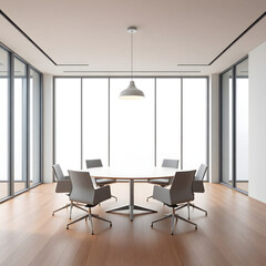 Fototapeta premium An ultra-realistic image of a luxurious boardroom at night. The room is dimly lit with a soft blue ambient glow, enhanced by sleek recessed LED ceiling lights and a single warm orange light strip outl