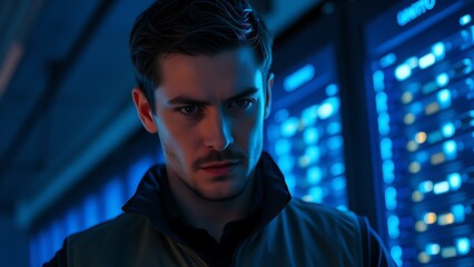 A focused individual in a tech vest, standing against a backdrop of glowing server racks.