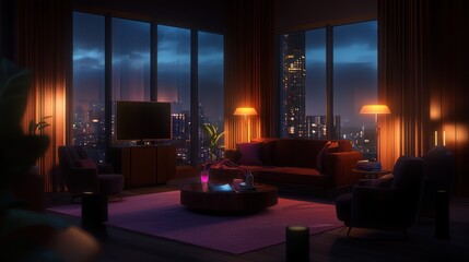 Modern penthouse living room at night with city view