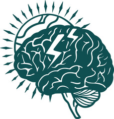 Conceptual vector illustration of a human brain with a lightning bolt and sunburst representing mental power, creativity, brain energy, sharp thinking, and cognitive clarity