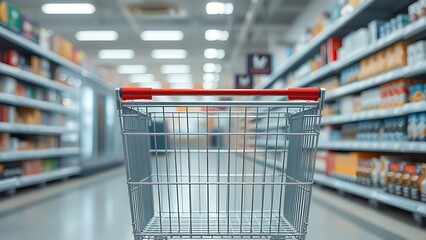 Empty metal shopping cart in a supermarket aisle, highlighting clean commercial environments.