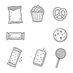 Hand drawn candy and snacks illustration on a white background