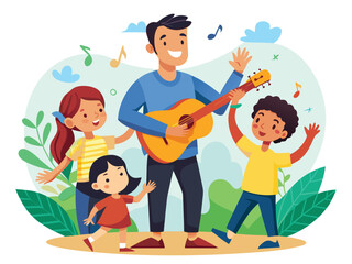 Father plays guitar for singing children clapping playing