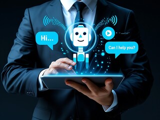 AI chatbot technology, virtual assistant for customer service, futuristic smart automation, AI-powered chatbot on tablet, digital business support, artificial intelligence conversation bot