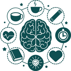 Brain health concept with icons representing heart rate, coffee, sugar, clock, love, book, and wellness in a circular infographic style for cognitive wellness and mental care