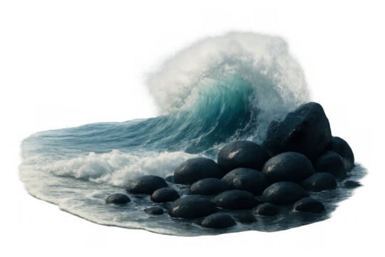 Powerful ocean wave crashing on dark rocks with foamy white crest, isolated on transparent background, ideal for compositing and digital art projects