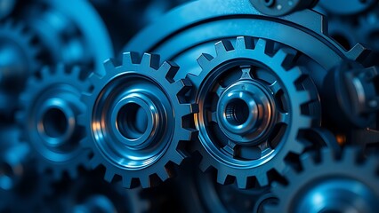 Abstract composition of metallic blue gears against a smooth blurred background, industrial aesthetic.