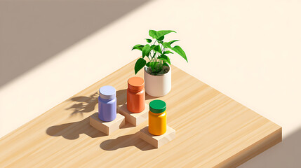 Colorful jars in various shapes and sizes are arranged on a wooden table with a small green plant, creating a vibrant and modern aesthetic for product display or interior design