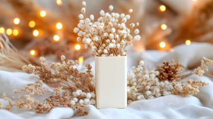 White rectangular box among dried flowers and warm lights