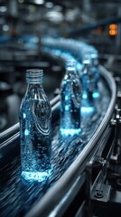 Bottles filled with sparkling water glide along a production line in a modern beverage facility