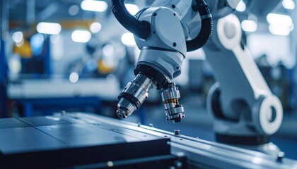 Fototapeta premium Robotic pneumatic system engaging mechanical grip handle with precision. Advanced automation, industrial robotics technology, and smart manufacturing process in high-tech factory environment
