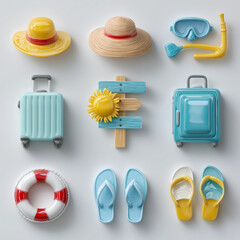 Summer travel essentials: sun hats, luggage, flip-flops, snorkel gear, and life buoy set