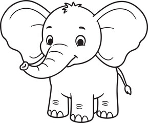 Naklejka premium Standing cartoon elephant with big ears and small tail, outlined in black and white, Adobe Illustrator Artwork