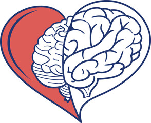 Creative vector illustration of a heart combined with a human brain symbolizing the connection between emotions and intellect in a modern outline style