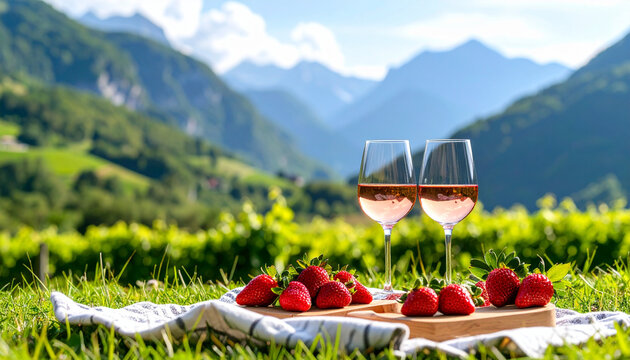 Firefly romantic picnic setup with fresh strawberries and two glasses of rose wine on wooden board, set on blanket with scenic mountain view in background