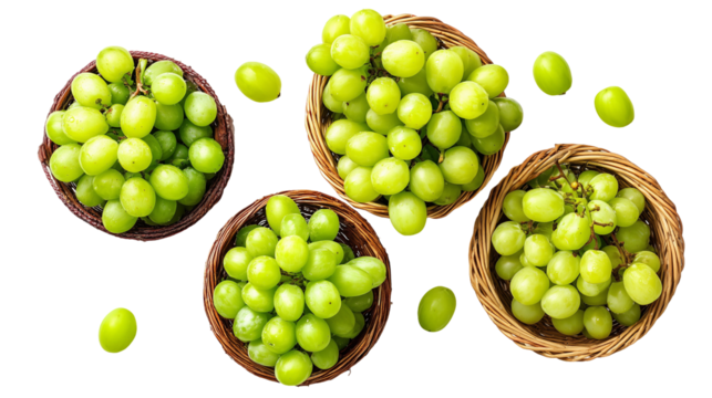 Bunches of fresh green grapes arranged in different baskets isolated on white background - top view