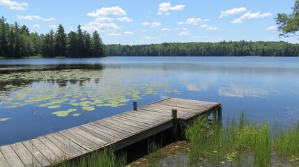 Serene lake view with wooden dock, lush greenery, and a clear blue sky reflecting on calm water