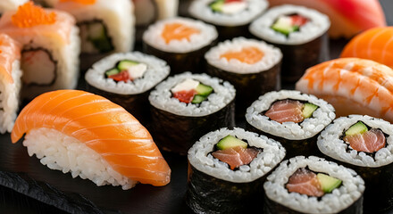 Delicious Assorted Sushi Platter with Salmon Nigiri and Maki Rolls