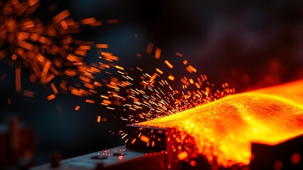 Glowing molten metal with sparks, showcasing industrial power and dynamic energy.