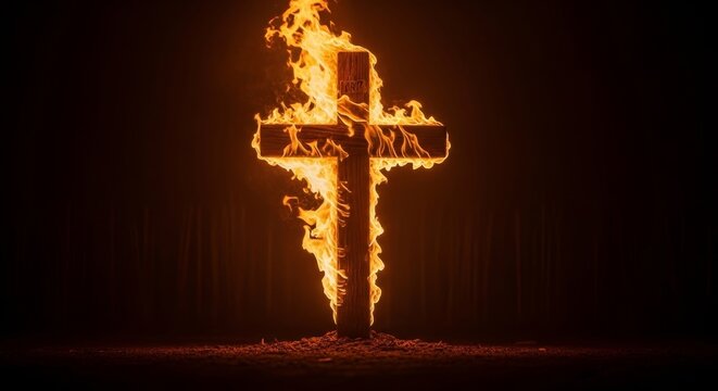 Burning Cross in Darkness - A wooden cross engulfed in flames against a dark background. Symbol of faith, sacrifice, or destruction