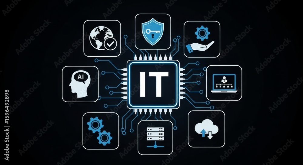 Poster digital it concept with ai, security, cloud, and network icons connected to a central chip, symboliz