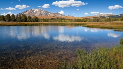 Obraz premium Serene mountain lake reflecting a vibrant sky and autumnal foliage. Clear water reveals the lake bed