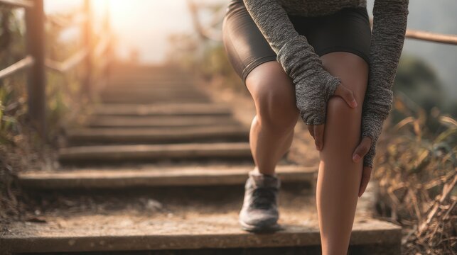 Woman Holding Her Knee While Running Upstairs Outdoors - Powered by Adobe