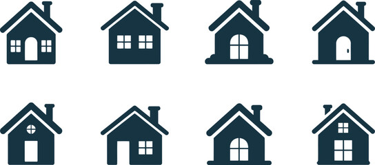 Collection of eight dark blue house silhouettes with varying window and door designs
