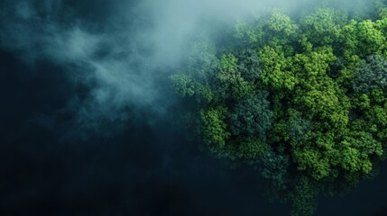 Lush Green Forest Surrounded by Mist Over Calm Water Surface