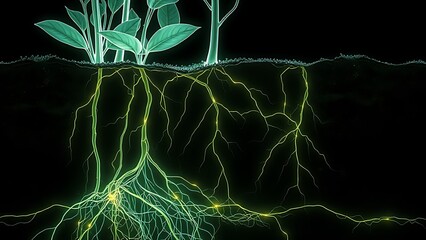 An X-ray view of plant roots unveiling a hidden glowing network weaving through the soil.