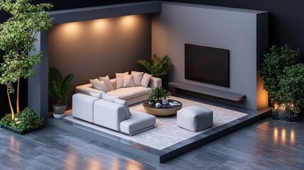 Modern living room display, evening ambiance,  plants, TV, architectural design