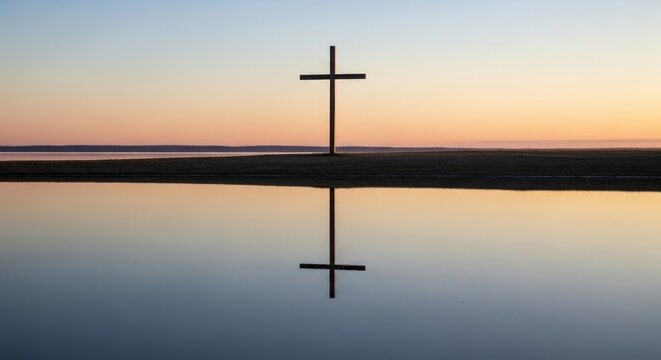 Tranquil Sunset Cross Reflection - A wooden cross stands on a tranquil beach at sunset, its reflection mirroring perfectly in the calm water. Serene and peaceful