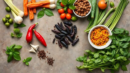 Fresh Asian ingredients are beautifully arranged on a stone surface, showcasing vibrant herbs and spices.