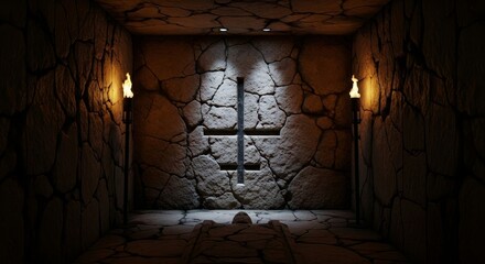 Ancient Stone Chamber with Inverted Cross - A mysterious chamber, ancient stone walls, an inverted cross etched in the stone, and flickering torchlight create a sense of history, mystery, and