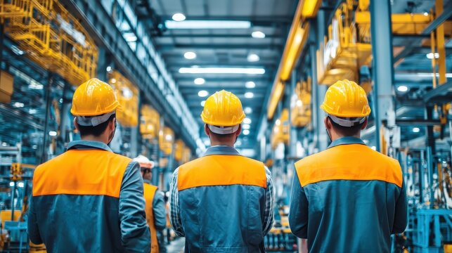 Three workers in orange and blue uniforms with yellow helmets inspect a large, well-lit industrial factory or manufacturing plant.